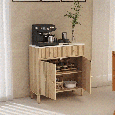 HOMCOM Cómoda Buffet en Madera con 2 Cajones, Armario y Encimera de Efecto Mármol, 77x30x80 cm, color Roble