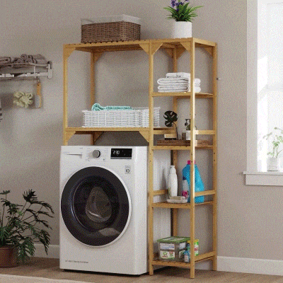 HOMCOM Estante para Máquina de Lavar Bambu Móvel com Prateleiras Reversíveis e Ajustáveis 100x40x157 cm para Lava-Roupa Natural