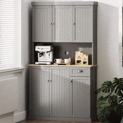 HOMCOM Küchenmöbel aus Holz mit Schränken und Schublade, Sideboard im Landhausstil mit verstellbaren Regalböden, 101x39x180 cm, Weiß