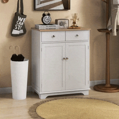 HOMCOM Kitchen Floor Cabinet Side Storage Cupboard Multi-use Sideboard Table with Solid Wood Top, Adjustable Shelf,Drawer for Dining Room, Living Room,Hallway