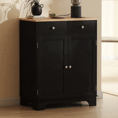 HOMCOM Móvel de Armazenamento Buffet Sala com Armários 2 Gavetas e Prateleiras Ajustáveis 68x40,3x85 cm Preto e Madeira Natural