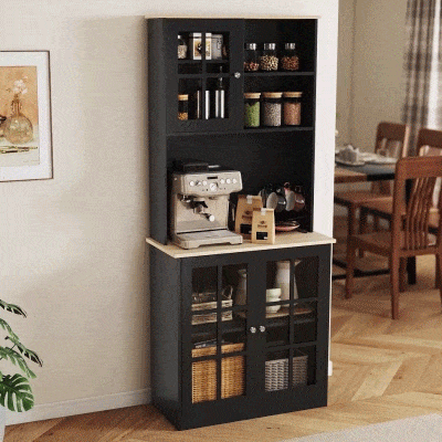 HOMCOM Armário de Cozinha com Prateleiras e Portas de Vidro  Armário Alto de Cozinha para Pequenos Eletrodomésticos e Louças 80x37x183 cm Preto