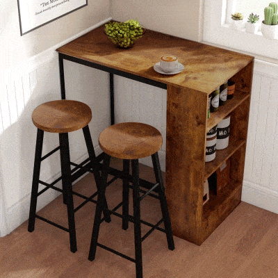 HOMCOM Set de Comedor con Mostrador de Bar con 3 Estantes y 2 Taburetes Altos con Reposapiés Estilo Industrial, Marrón