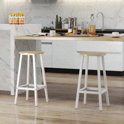HOMCOM Conjunto de 2 Bancos Altos de Cozinha Bancos de Bar com Pés de Aço e Apoio para os Pés 32,5x32,5x65cm Madeira e Branco