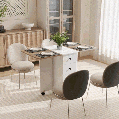 HOMCOM Mesa de Refeição com Rodas Mesa Abatível com 2 Gavetas e Armário Mesa Auxiliar Multifuncional 120x60x76,5 cm Branco