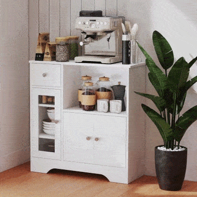 HOMCOM Aparador de Cocina Moderno con Puerta de Vidrio Mueble Auxiliar de Almacenaje para Comedor 80x30x82 cm Blanco