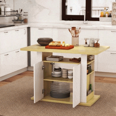 HOMCOM Isla de Cocina para 4-6 Personas con 4 Puertas Compartimentos Abiertos Estante Ajustable 110x70x75,5 cm Roble y Blanco