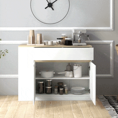 HOMCOM Aparador Armario de Cocina con 2 Puertas Cajón y 3 Estantes Abiertos para Salón Comedor 110x29,5x82 cm Blanco