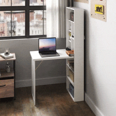 HOMCOM Escritório de Computador Dobrável com Estante Mesa de Trabalho Quadro Branco e Prateleira Ajustável 98x51x153cm Branco