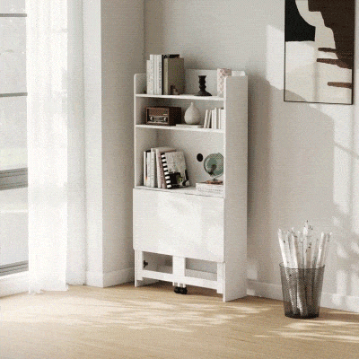HOMCOM Birou Pliabil cu Bibliotecă cu 4 Rafturi, 2 Roți și Orificiu pentru Cabluri, 80x69x155 cm, Alb