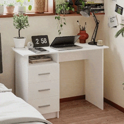 HOMCOM Moderner Schreibtisch aus Holz mit 3 Schubladen und offenem Regal, 100x40x75 cm, Weiß und Braun