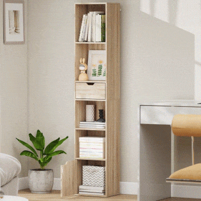 Homcom Estantería, Mueble de Almacenamiento con Cajón, Armario y Compartimentos Abiertos, 30X24X158 cm, Madera Natural