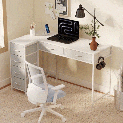 HOMCOM Reversibler Eckschreibtisch mit 6 Schubladen 126x48 cm mit Stromanschluss Puerto de Carga USB und USB-C Weiß