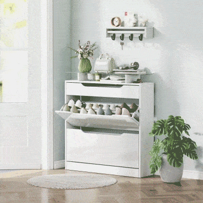 HOMCOM Mueble Zapatero de 2 Puertas Zapatero Estrecho para 16 Pares de Zapatos con Cajón Estante Abierto y Encimera de Vidrio para Pasillo Entrada 89x23x96 cm Blanco