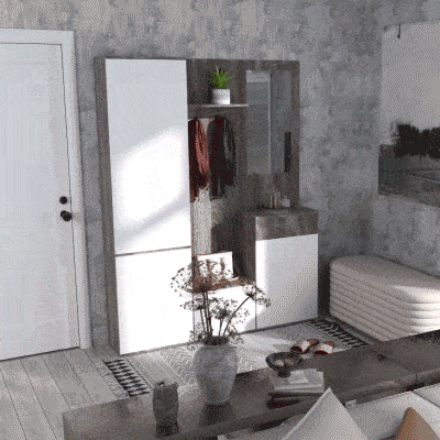 Mobilier de hol 4 în 1 cu oglindă, cârlig și rafturi, negru