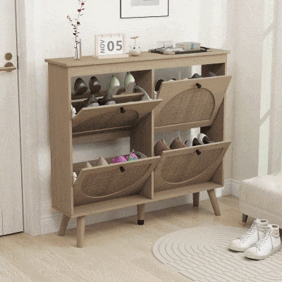 HOMCOM Mueble para Zapatos 4 abatibles 20 pares estante ajustable estilo bohemio patas de madera maciza 105x24x97,5 cm natural