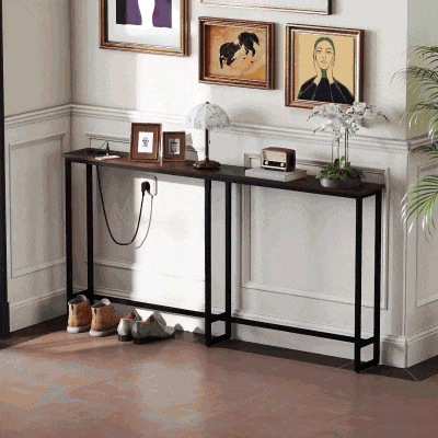 HOMCOM Mesa de Consola Estreita Consola com Estação de Carga Estrutura de Aço Estilo Industrial para  160x20x80 cm Marrom Rústico