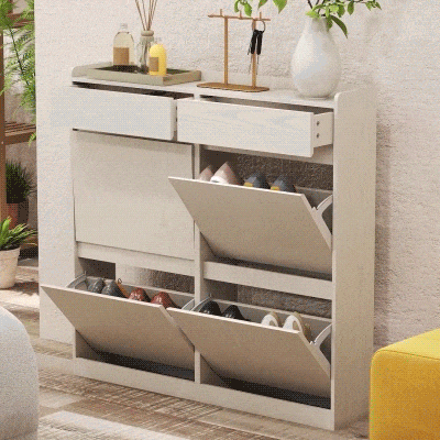 HOMCOM Zapatero Estrecho con 2 Cajones 4 Compartimentos Abatibles y Encimera 98x19,2x95,3 cm Blanco Veteado