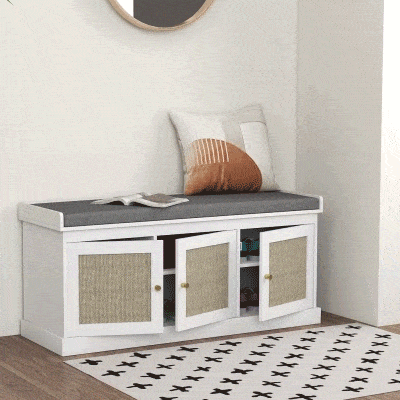 HOMCOM Schuhbank für 9 Paar, Aufbewahrungsbank, 3 Rattan-Türen, Kissen und verstellbares Fach, 105x35x47cm, weiß