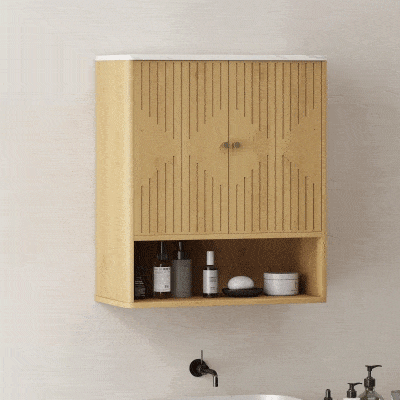 HOMCOM Armario de Baño de Pared con Estante Abierto y Puertas Decoradas, Encimera Efecto Mármol, 60x18x70 cm, Roble