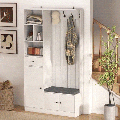 HOMCOM Móvel de entrada 4 em 1, armário de entrada com banco de arrumação, prateleira regulável, 4 ganchos, 100x30x180cm, branco