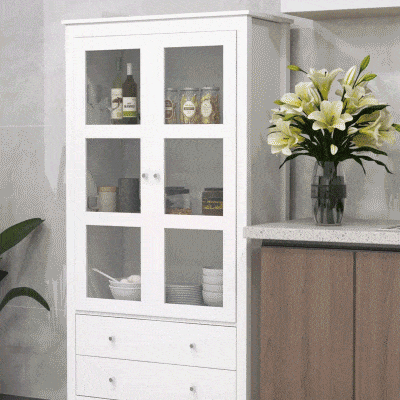 HOMCOM Vitrina de Salón Aparador de Cocina con 2 Puertas de Vidrio 3 Estantes 2 Cajones para Comedor Oficina 80x40x160cm Blanco