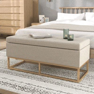 HOMCOM Banqueta con Almacenamiento Banco Rectangular Tapizado en Lino con Tapa Abatible y Patas de Acero 110x44x48 cm Beige