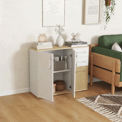 HOMCOM Aparador de Cocina con 2 Cajones 2 Armarios y Estantes Ajustables para Comedor 90x30x75,5 cm Blanco y Natural