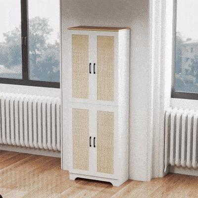 HOMCOM Alacena de Cocina con Estantes Ajustables Puertas de Ratán y Sistema Anti-vuelco 60x30x170 cm Blanco