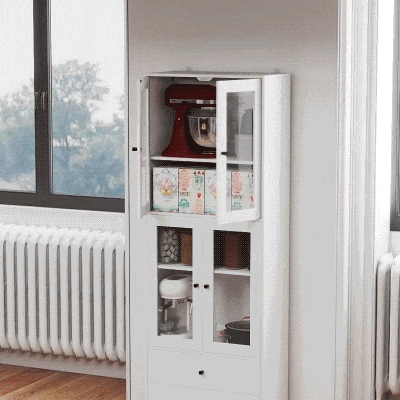 HOMCOM Alacena de Cocina Alta con 4 Puertas de Vidrio 2 Cajones Estantes Ajustables 59x30x170 cm Blanco