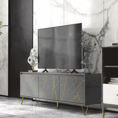 HOMCOM TV-Möbel TV-Bank bis zu 65 Zoll Länge 147 cm marmorierte Effektstruktur 2 Schränke 3 Türen mit Dämpfung verstellbare Regale Kabeldurchführung Belastbarkeit 100 kg - 147 x 35 x 52 cm - Metallbeine