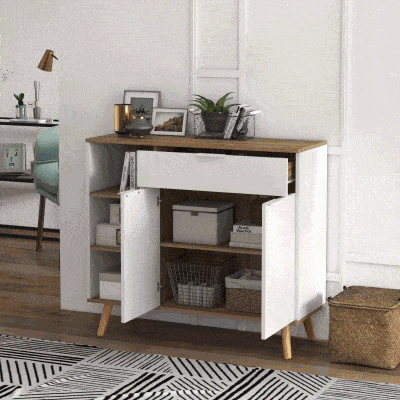 HOMCOM Aparador Sala de Estar com 1 Gaveta 2 Portas de Fechamento Suave e Prateleiras Ajustáveis 95x35x85 cm Branco e Madeira