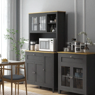 HOMCOM Armário de Cozinha Alto com 5 Portas Prateleira Ajustável Gaveta Bancada Aberta para Micro-ondas Orifício para Cabo 100x40x180 cm Cinza
