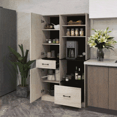 HOMCOM Armoire Cuisine 170cm Noir/Naturel 2 Tiroirs