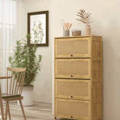 HOMCOM Küchenschrank im Boho-Stil mit 4 Klappentüren aus Spanplatten und Rattan, 70x32x132.8 cm