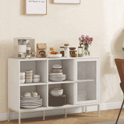 HOMCOM Aparador de Cocina Aparador Blanco con Puerta de Malla 4 Compartimentos Abiertos y Estante Ajustable 120x37x81,5 cm