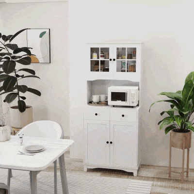 HOMCOM Armário de Cozinha Independente com Superfície de Trabalho para Micro Ondas Cafeteira Armários Portas de Vidro Branco