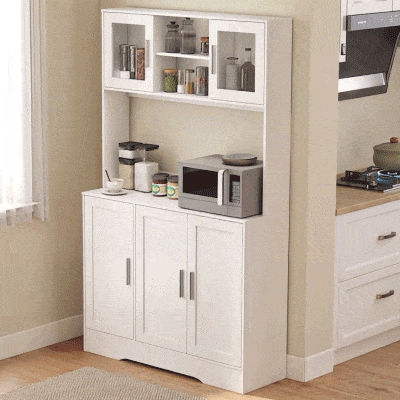 HOMCOM Armário de Cozinha com 2 Portas de Vidro Bancada Ampla para Micro-ondas Compartimentos Abertos Prateleiras Ajustáveis Branco