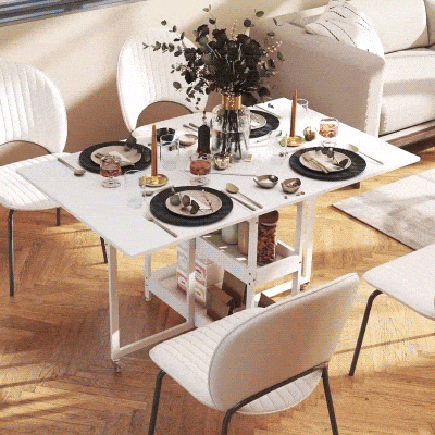 HOMCOM Mesa de jantar dobrável com rodízios para 4 pessoas com compartimentos abertos, para pequenos espaços, sala de jantar, branco