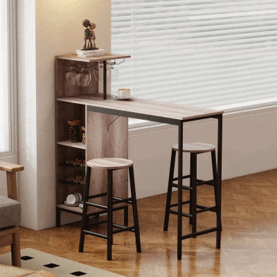HOMCOM Set de Mesa Alta de 3 piezas con Espacio de Almacenamiento, Estantes de Vino, Portavasos, Taburetes con Reposapiés, para Espacios Pequeños, Gris