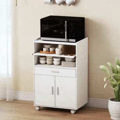 HOMCOM Mueble Microondas de Madera con Cajón, Armario de 2 Puertas y 2 Estantes, 59x40x92 cm, Blanco