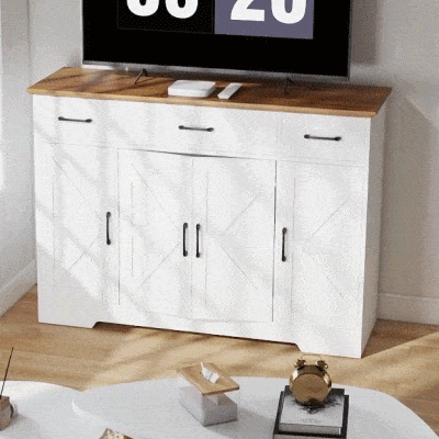 HOMCOM Aparador de Cozinha Rústico, Móvel de Cozinha com Portas Soft-Close, 3 Gavetas, 3 Prateleiras Ajustáveis, Porta-Temperos, Branco