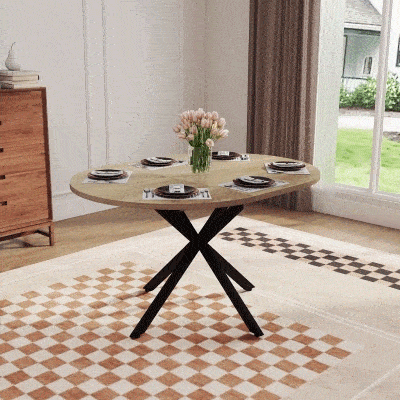 HOMCOM Ausziehbarer runder Esstisch für 4-6 Personen, 100-135 cm, Küchentisch mit X-förmigem Stahlsockel, Naturholz, Schwarz