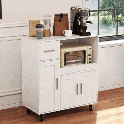 HOMCOM Mueble Auxiliar de Cocina con Ruedas Aparador de Cocina para Microondas con Bandeja Deslizante 80x40x88,7 cm Blanco