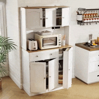 HOMCOM Armário de Cozinha Alto com Estação de Carregamento 6 Portas 1 Gaveta Prateleiras Ajustáveis 4 Prateleiras 100x40x173 cm Branco