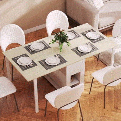 HOMCOM Mesa de Cozinha Dobrável para 6 Pessoas com Laterais Retráteis Gavetas e Prateleiras Abertas 168,2x85x73 cm Madeira e Branco