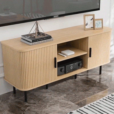 HOMCOM Mesa de TV con 2 Puertas Correderas Tipo Persiana 2 Estantes Abiertos para Televisores de 55 Pulgadas 120x40x55 cm Roble