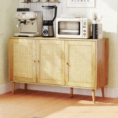 HOMCOM Buffet Wohnzimmerschrank Stauraum mit Rattantüren und verstellbarem Regal, Naturholzoptik