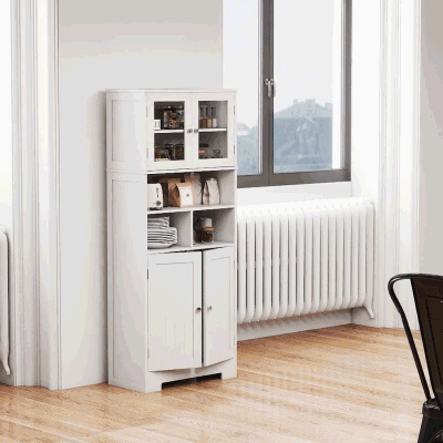 HOMCOM Armário de Cozinha Armário Alto de Cozinha com 2 Portas de Vidro Prateleiras Ajustáveis 60x30x145,5 cm Branco