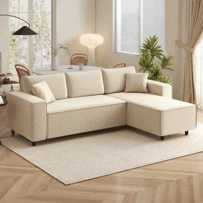 HOMCOM 3-Sitzer-Sofa mit Chaiselongue, Wohnzimmercouch mit Cordbezug, 2 Extra-Kissen, Polstersofa, Cremeweiß